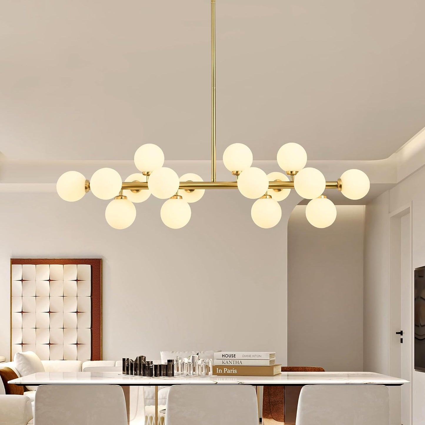 Candelabro Sputnik 16 lámparas cristal blanco leche 40pulg dorado