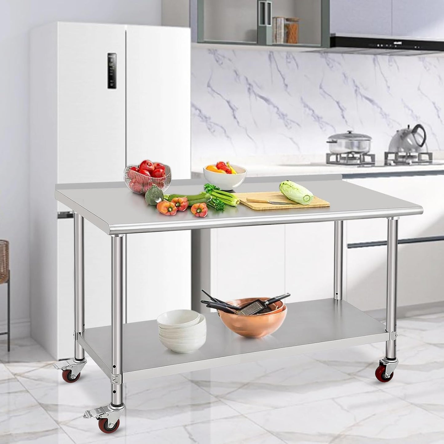 Mesa de preparación de cocina comercial de acero inoxidable con almacenamiento