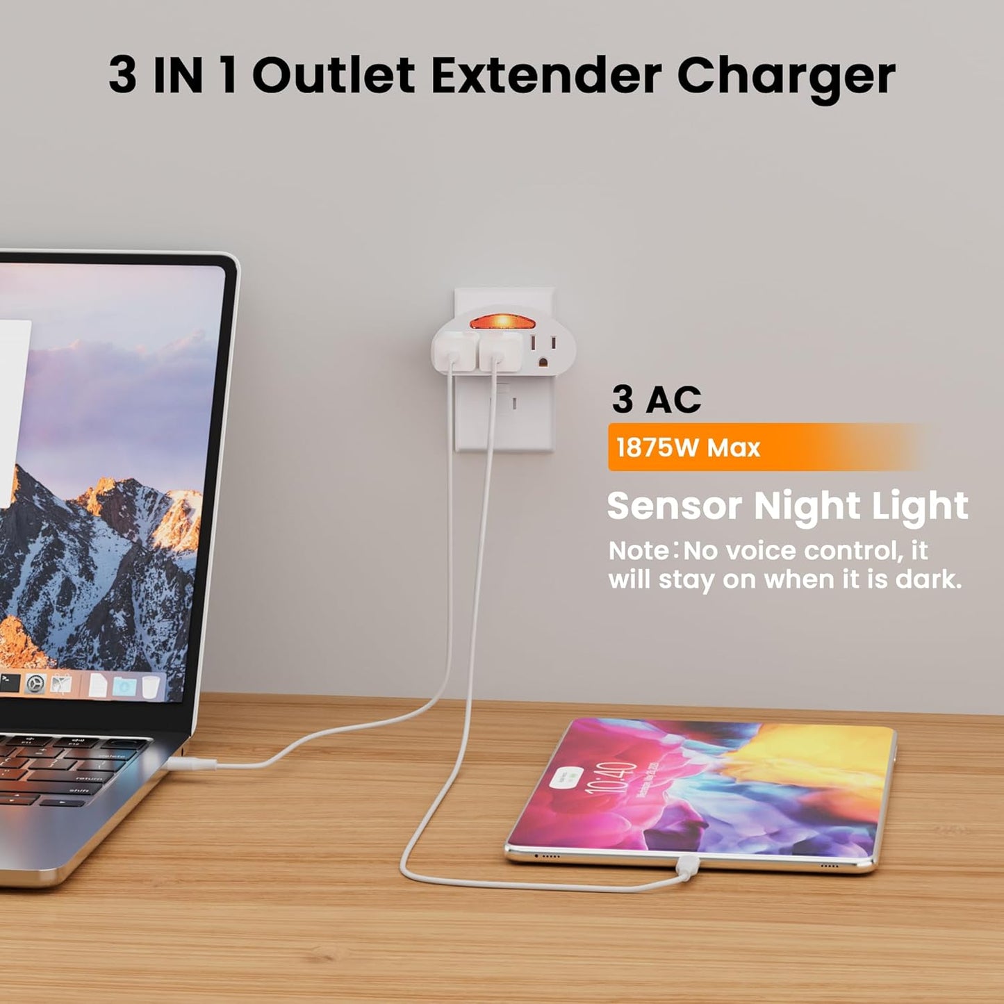 Extensor 3 enchufes con luz led para hogar oficina blanco