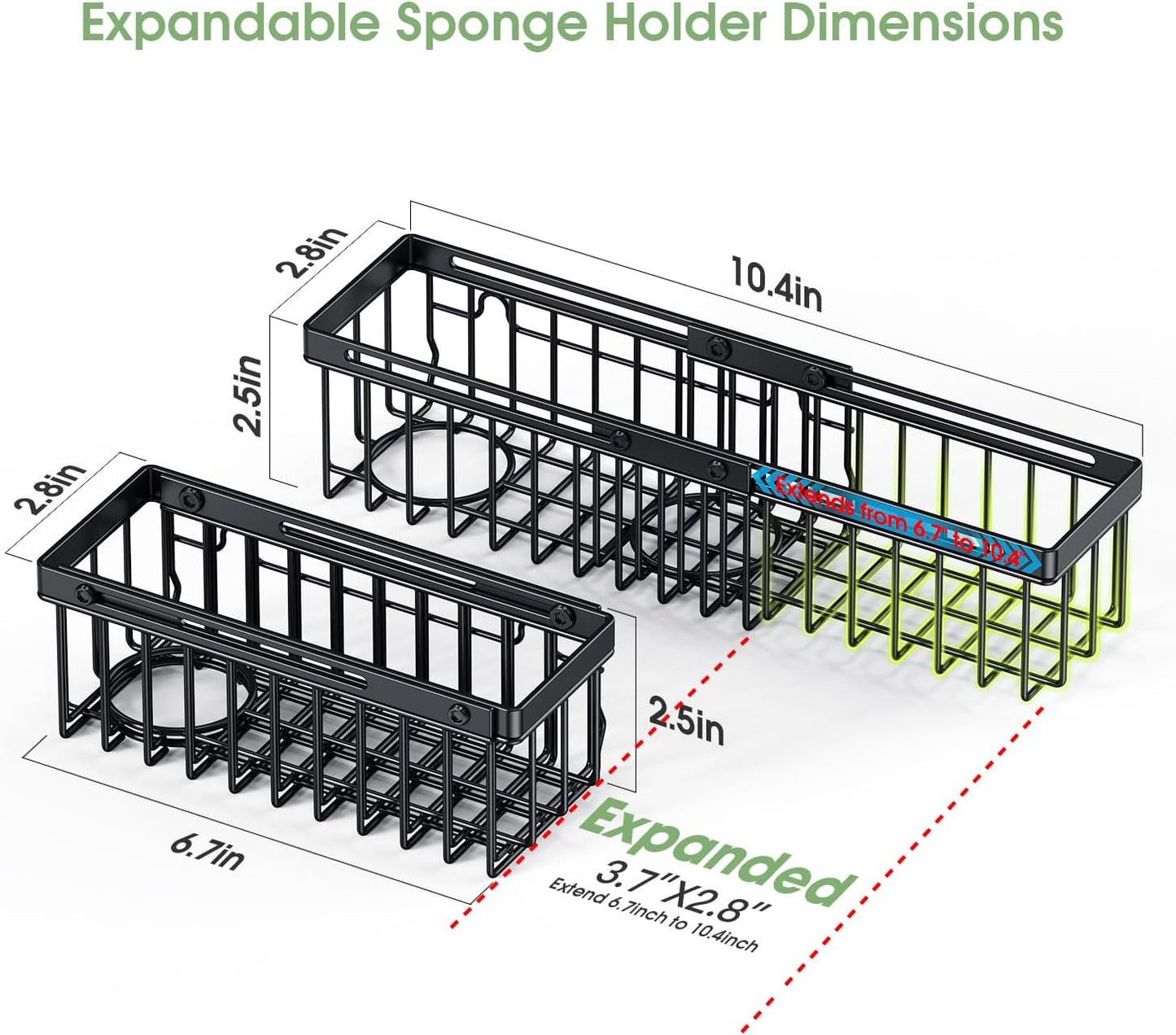 Organizador extensible para fregadero de cocina con soporte desmontable de esponja y ventosas - negro