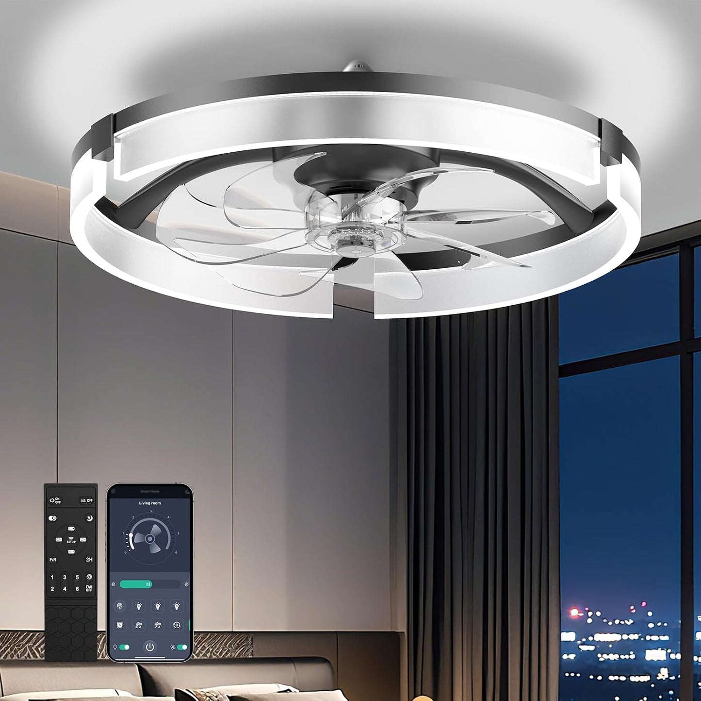 Ventilador techo 20pulg con luz LED 6 velocidades motor CC