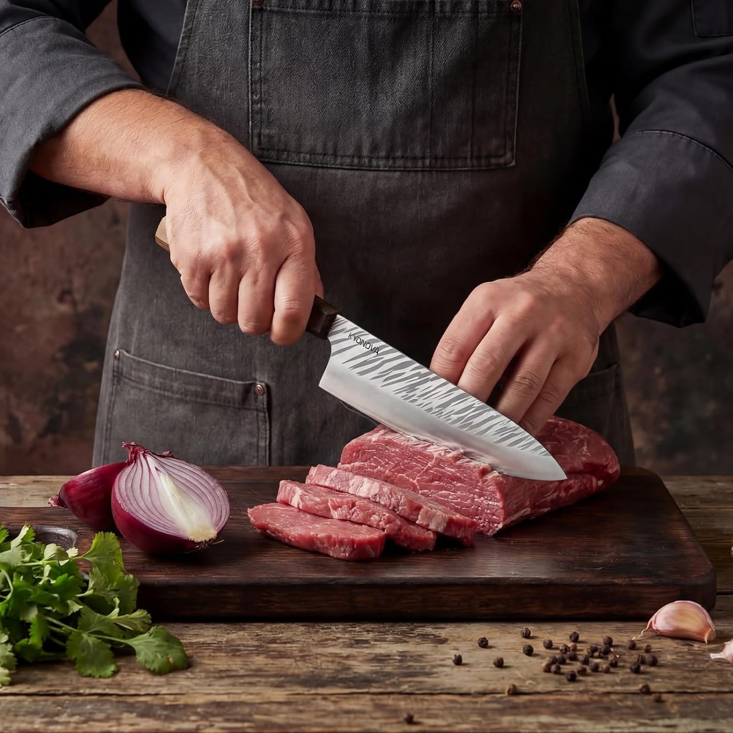 Cuchillo cocina acero VG10 mango roble 8pulg