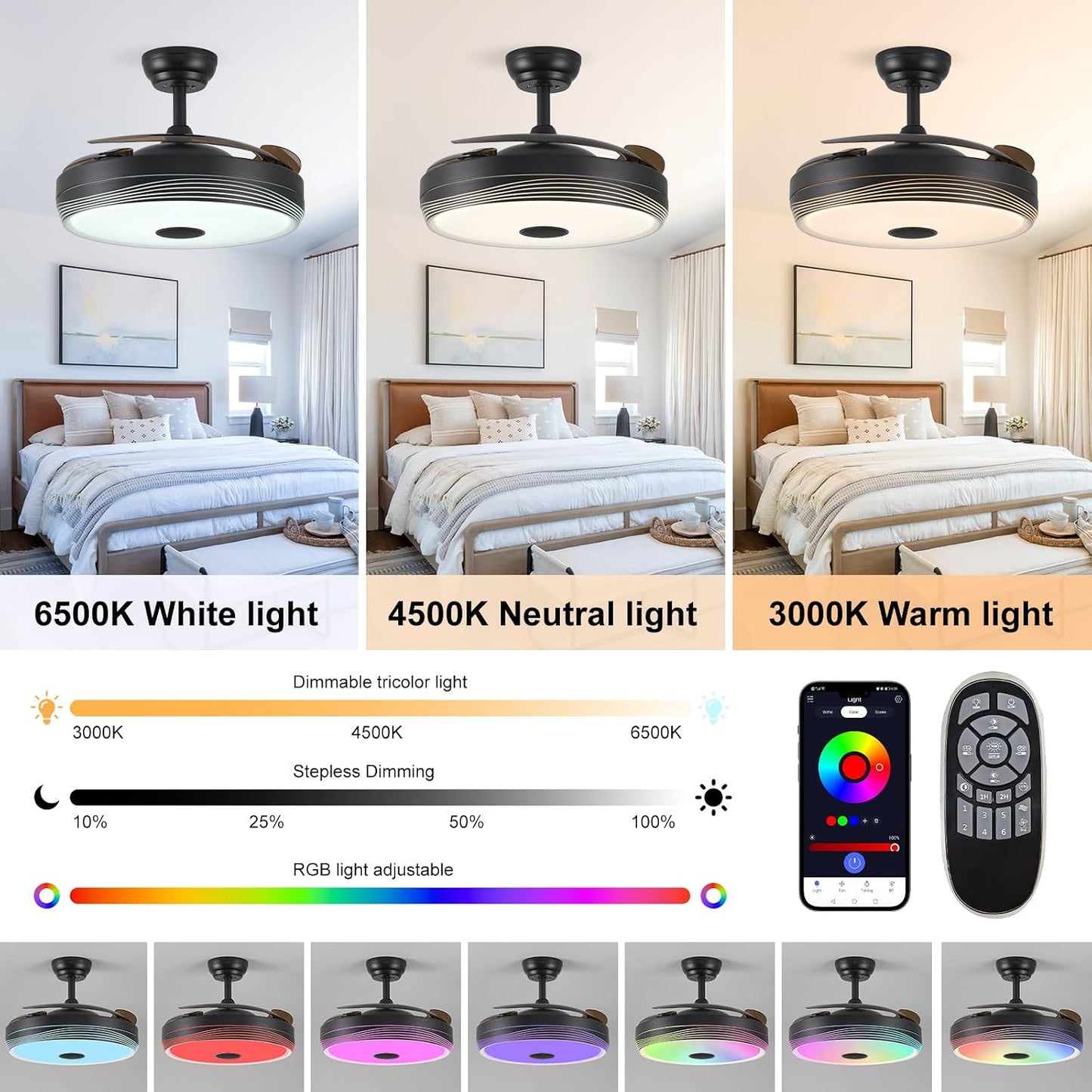 Ventilador techo retráctil 48pulg con luz RGB control remoto
