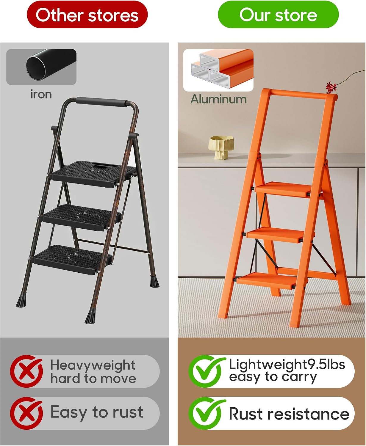 Escalera plegable aluminio 3 escalones naranja