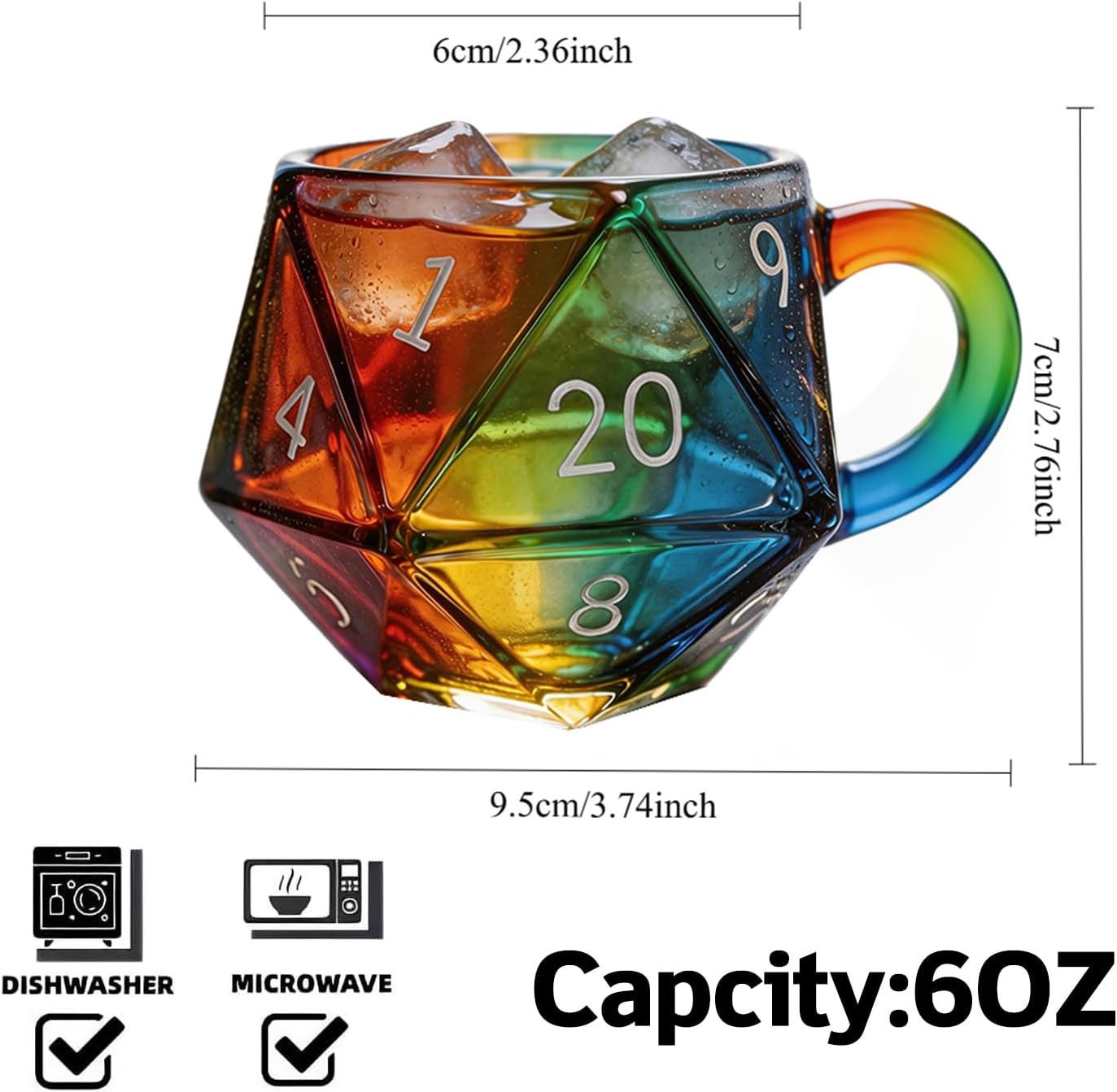 Taza vidrio dados RPG 3D pintada a mano coleccionable DND