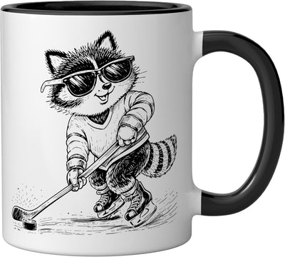 Taza de cerámica de raccoon jugando hockey sobre hielo negra/blanca