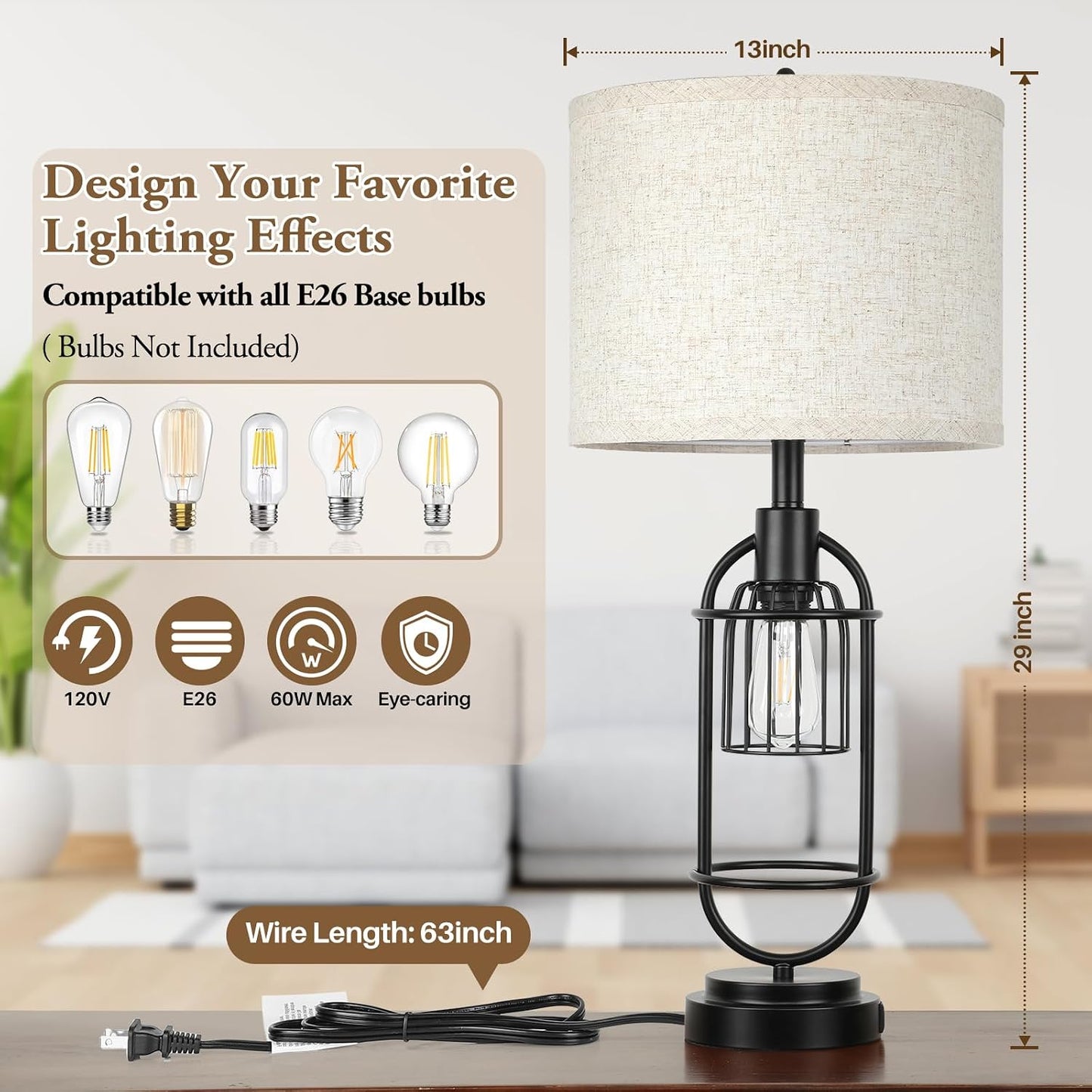 2 Lámparas Mesa 29pulg Sala Beige con Puertos USB