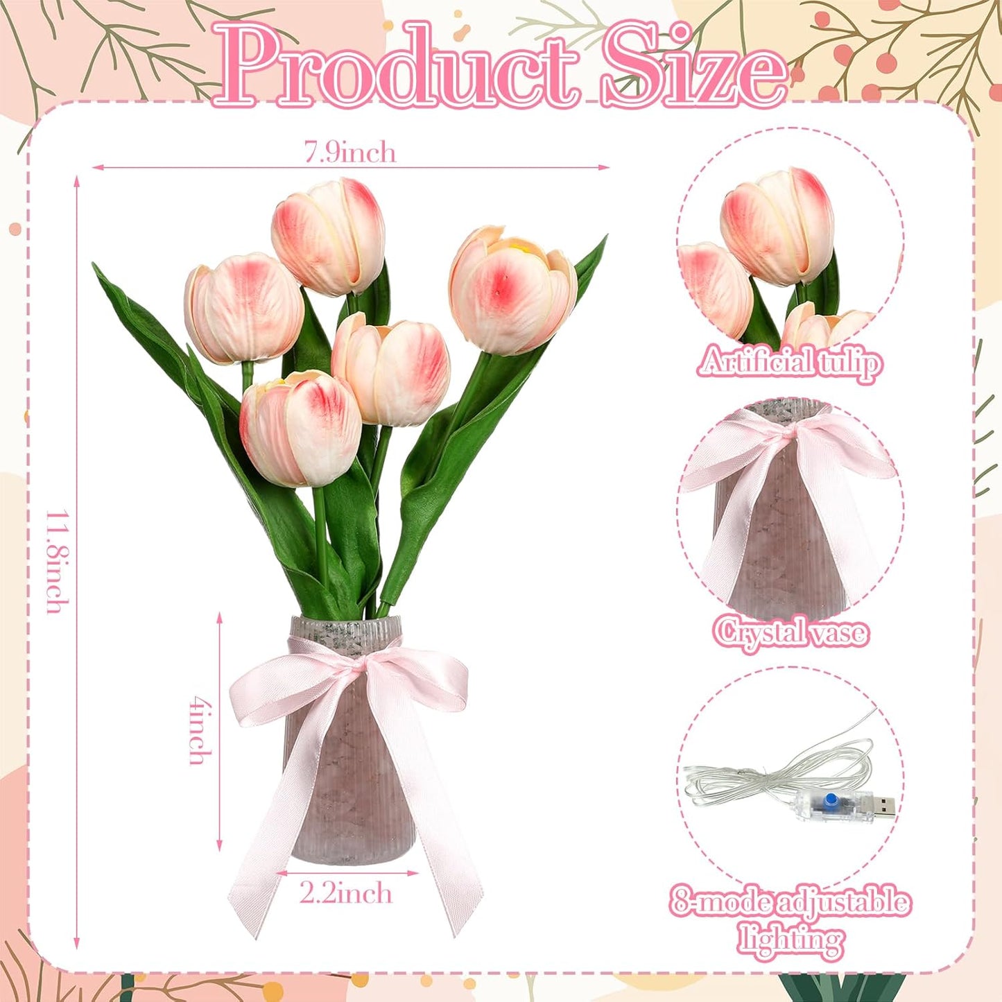 Lámpara tulipán USB recargable 8 modos mesita noche