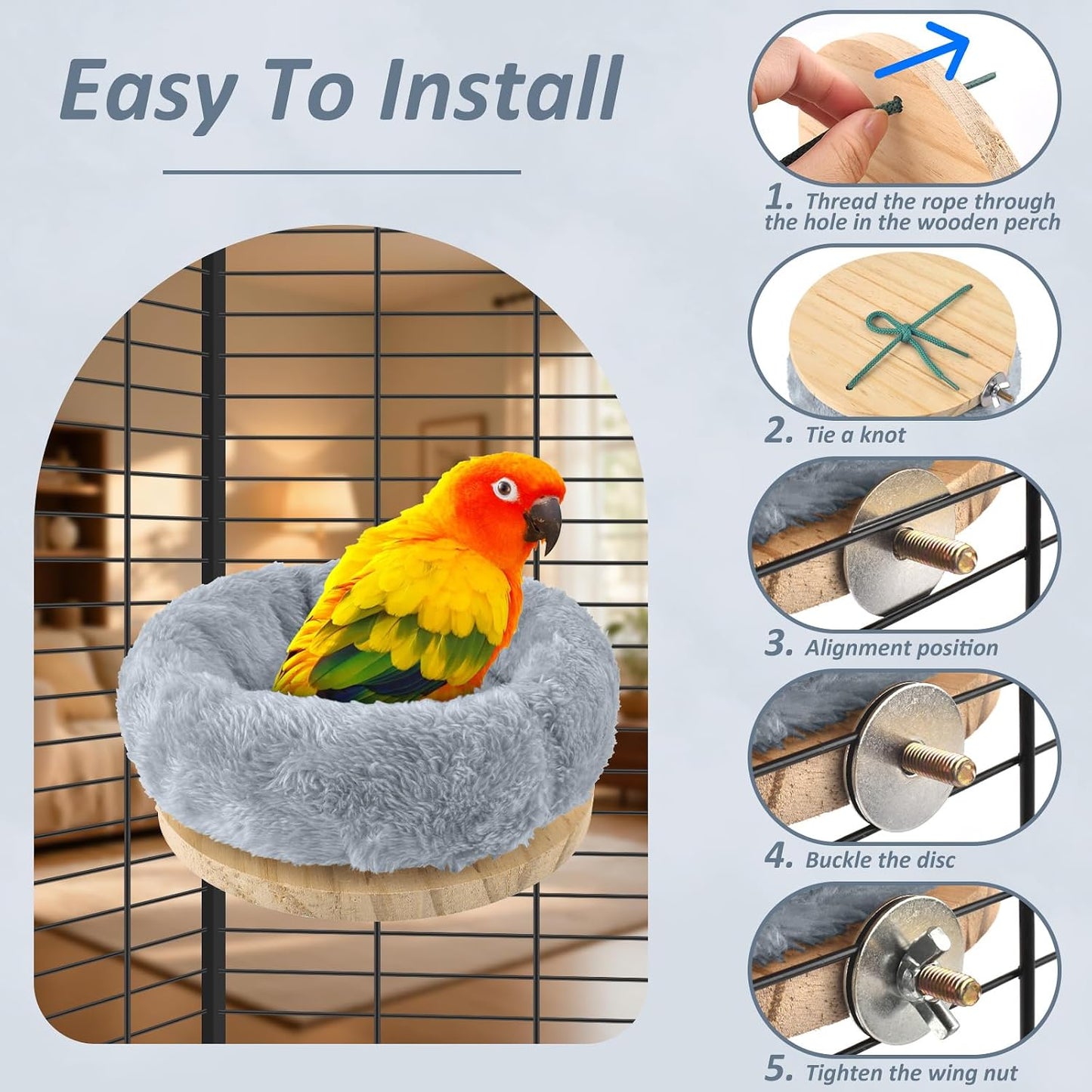 Nido mediano para loros con hamaca felpa y plataforma perca cálida