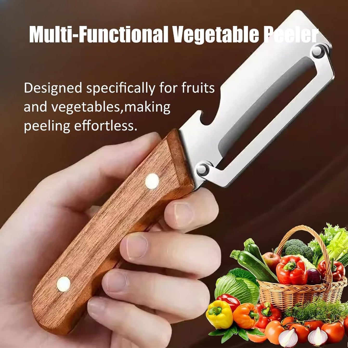 Pelador de verduras multifuncional con mango de madera y abridor de botellas