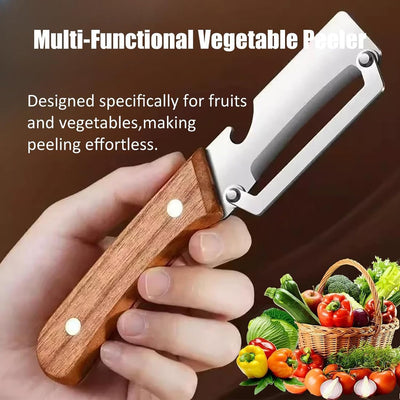 Pelador de verduras multifuncional con mango de madera y abridor de botellas