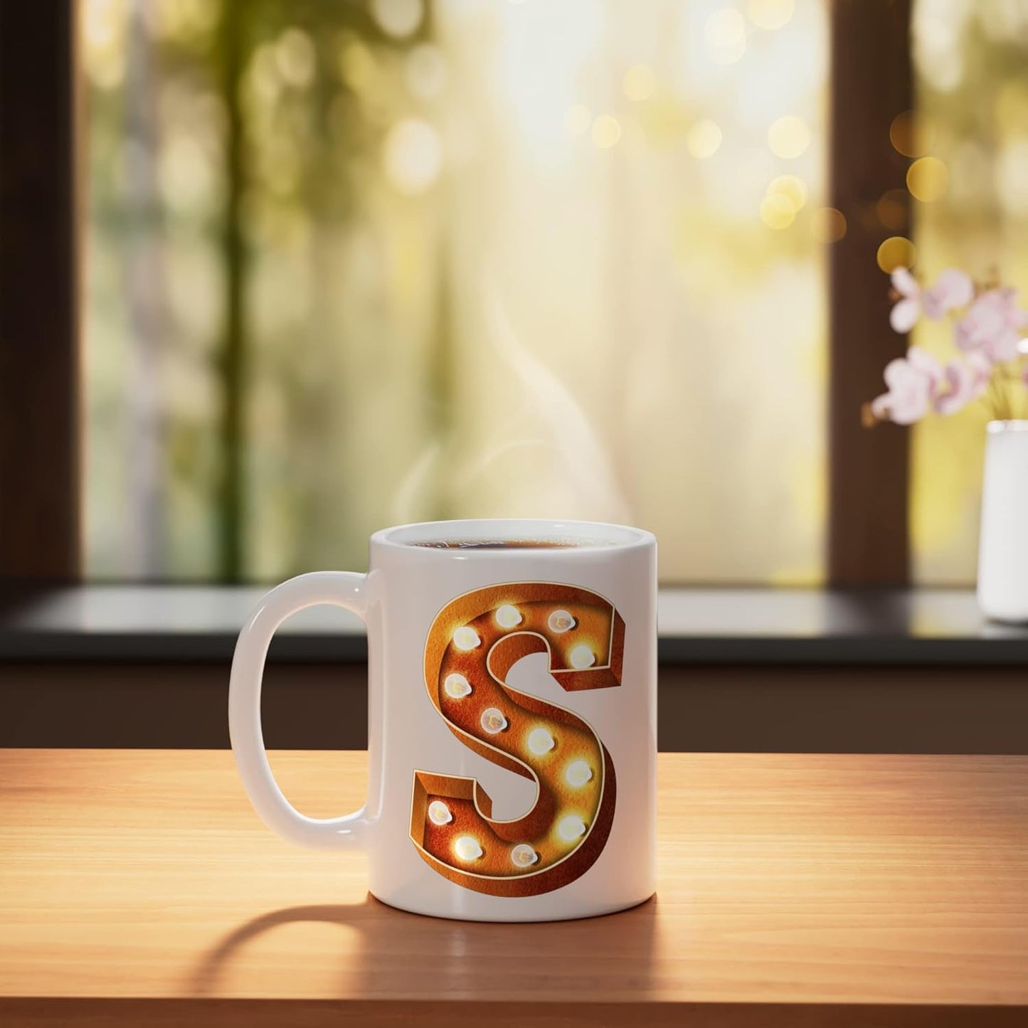 Taza Cerámica con Letra Iluminada Retro Blanca