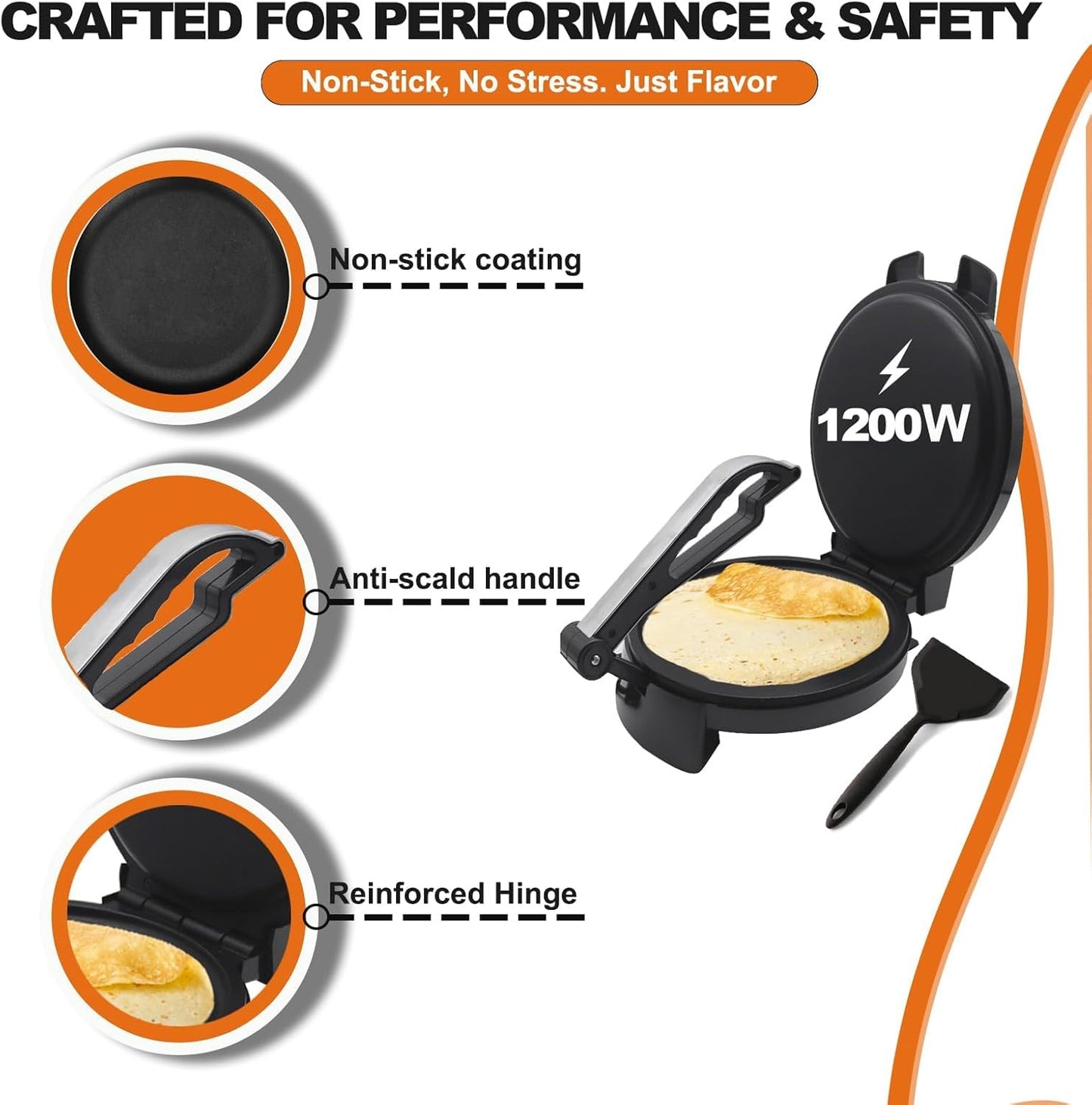 Prensa de tortilla eléctrica 10 pulgadas 1200 W para chapati roti crepes con bolsa de calentamiento y espátula