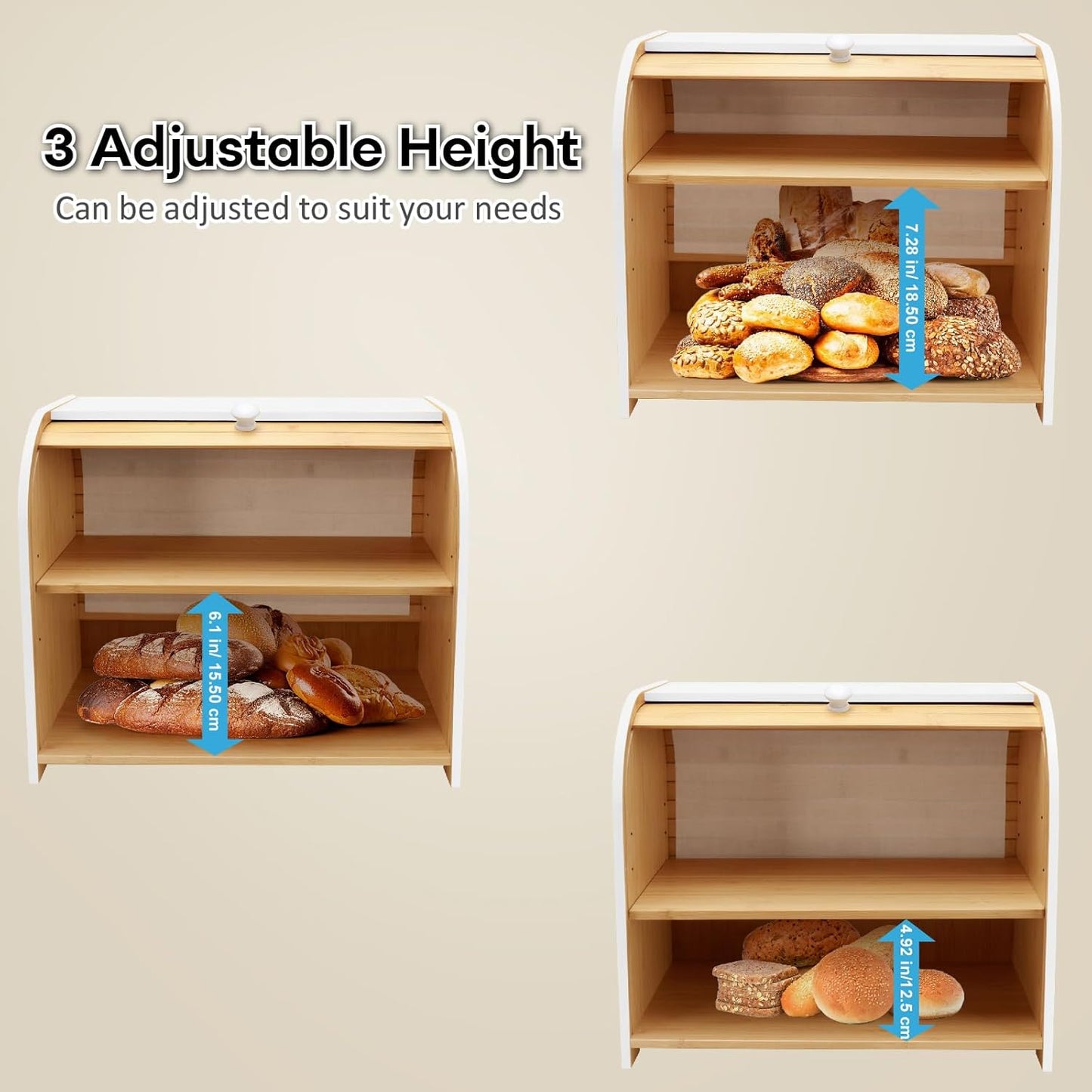 Caja pan enrollable bambú doble capa 3 alturas ajustables encimera
