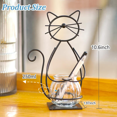 Florero Vidrio Soporte Terrario Forma Gato Metal Decoración Hogar