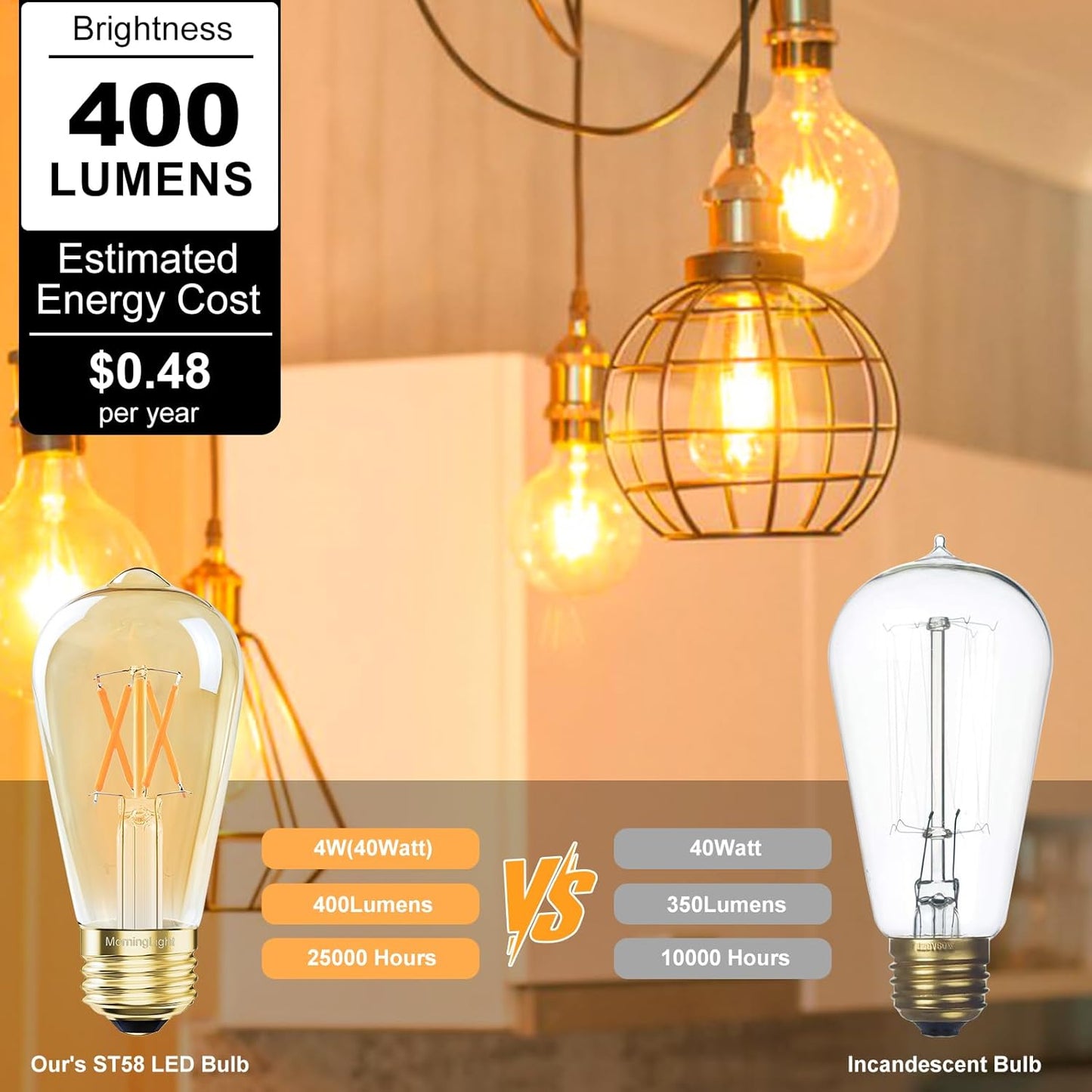 Bombilla LED Edison ST58 regulable 4W luz ámbar E26 vintage