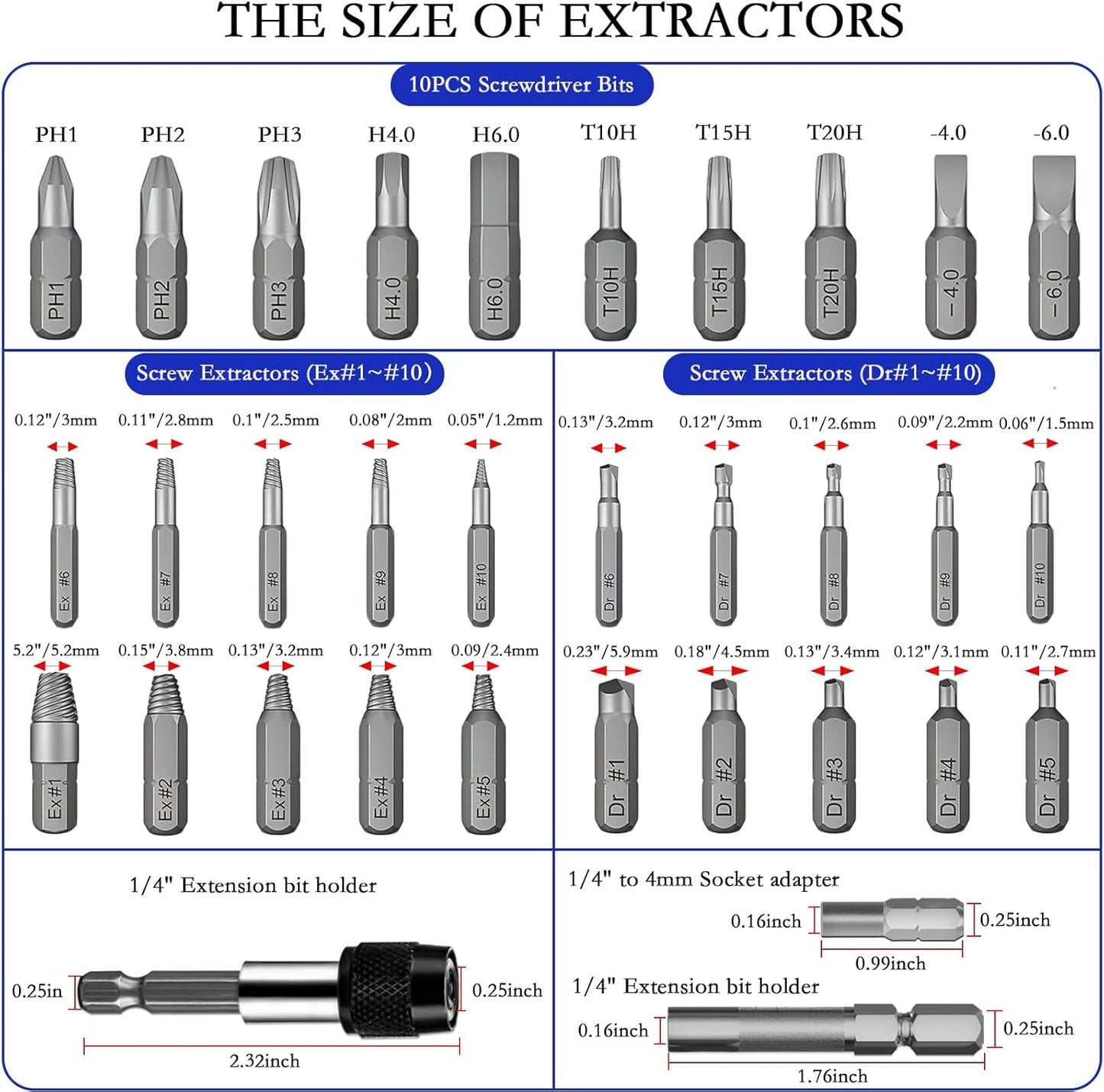 Set 33 Extractores S Pelados Eje Magnético Adaptador Soporte