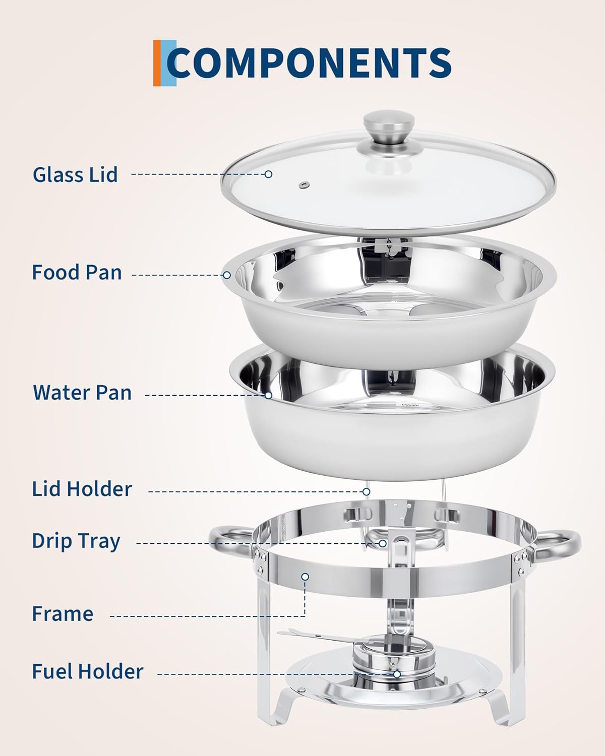 6 Pzas Plato Acero Inox 5qt Con Tapa Vidrio Soporte