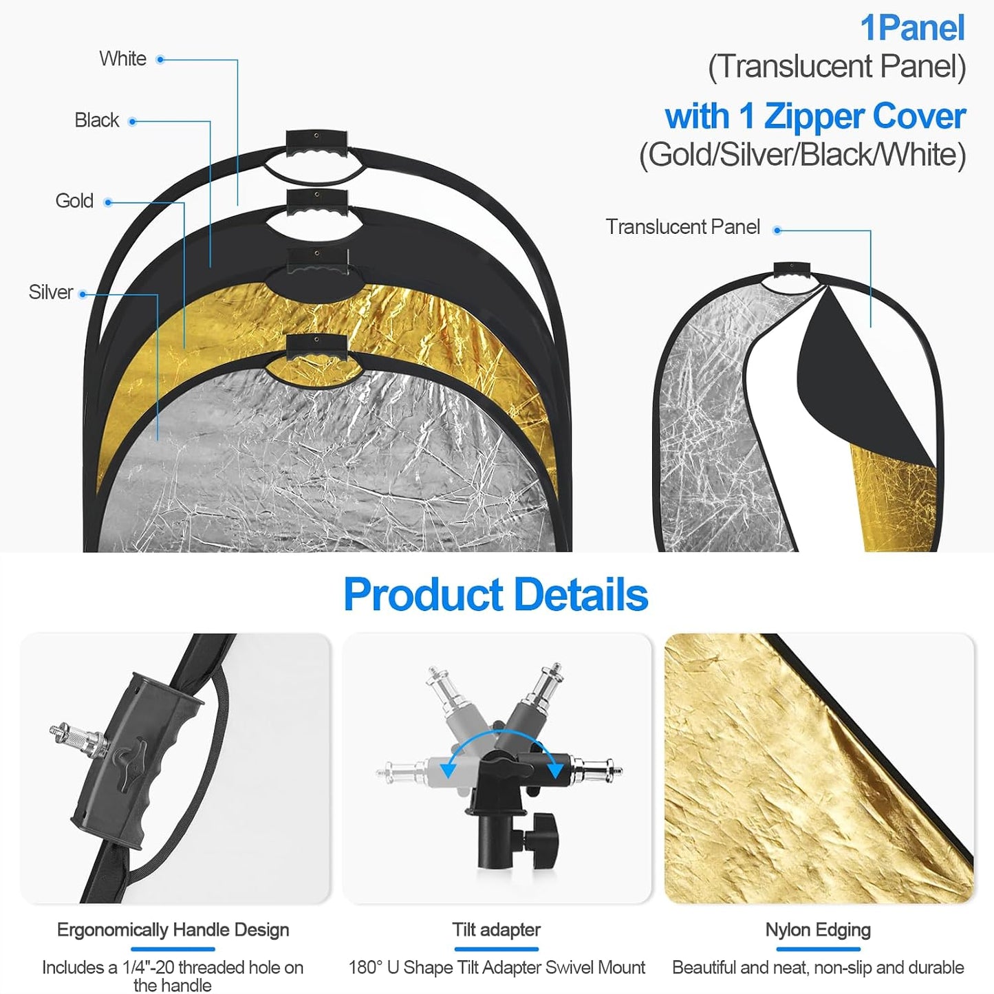 Reflector luz 5x6.5pulg plegable mango 5en1 plateado dorado