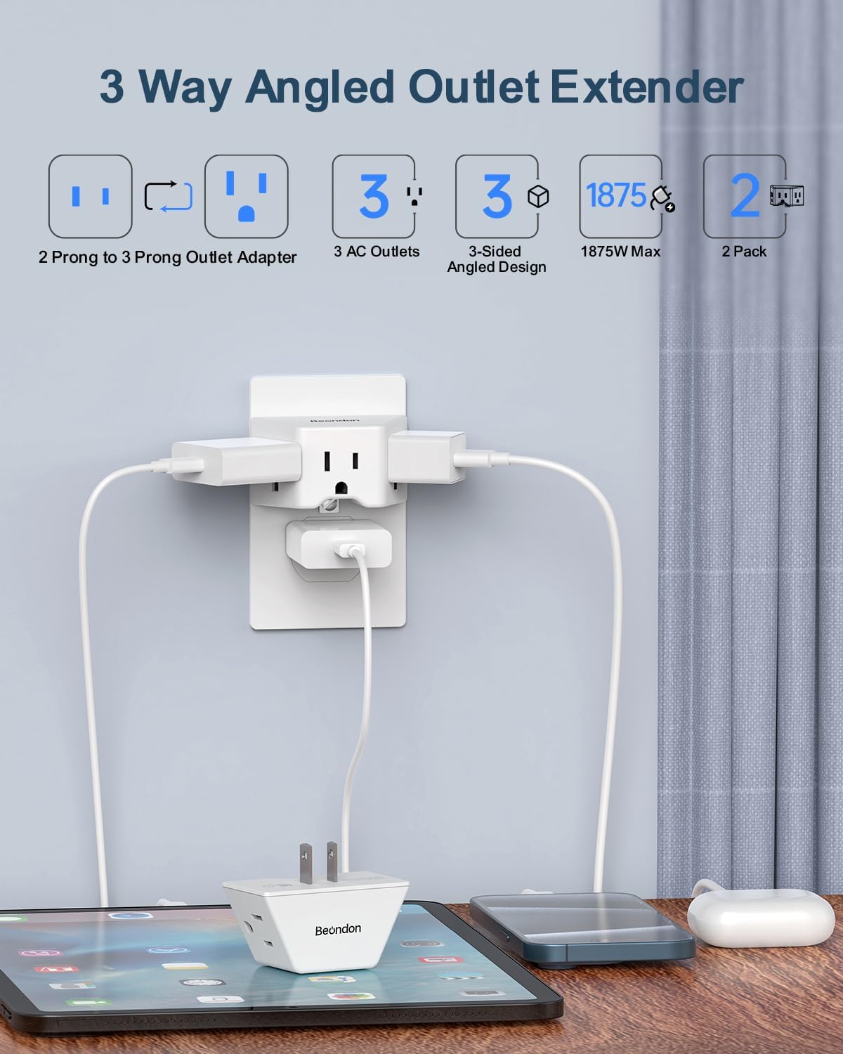 Adaptador 2 a 3 clavijas paquete 2 con toma tierra