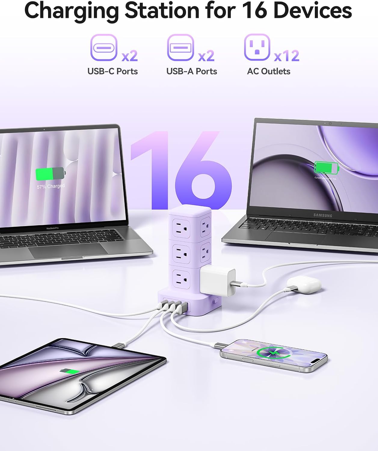Torre regleta con 12 salidas CA y 4 puertos USB 5 pies