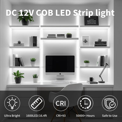 Tira Luz LED COB 16.4pies Blanco Frío 6000K Flexible CRI93