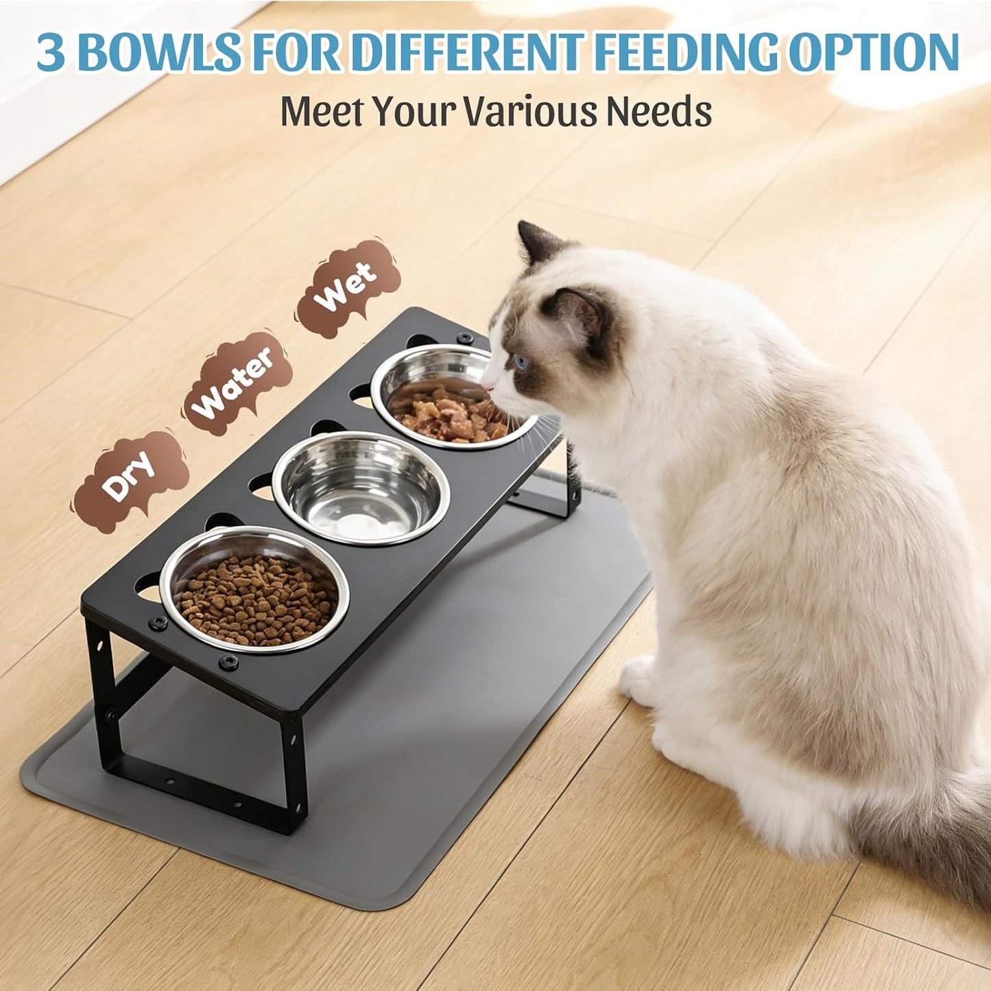 Cuencos elevados para gatos acero inox 3 pzas antivómitos