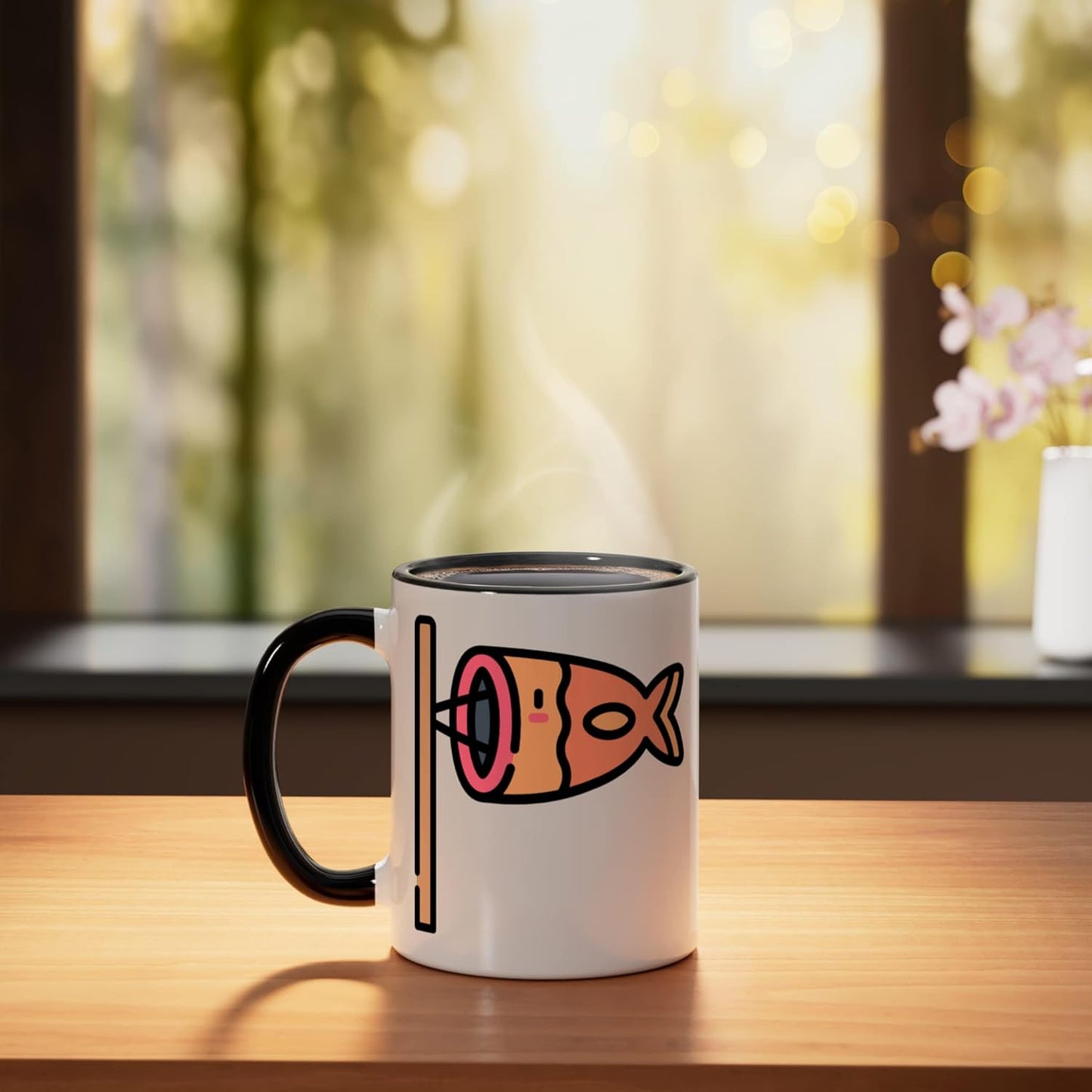 Taza cerámica japonesa de koi con kanji en negro y blanco