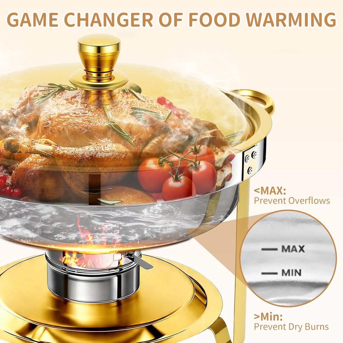 Juego de chafing dish acero inoxidable dorado 6QT 4 piezas