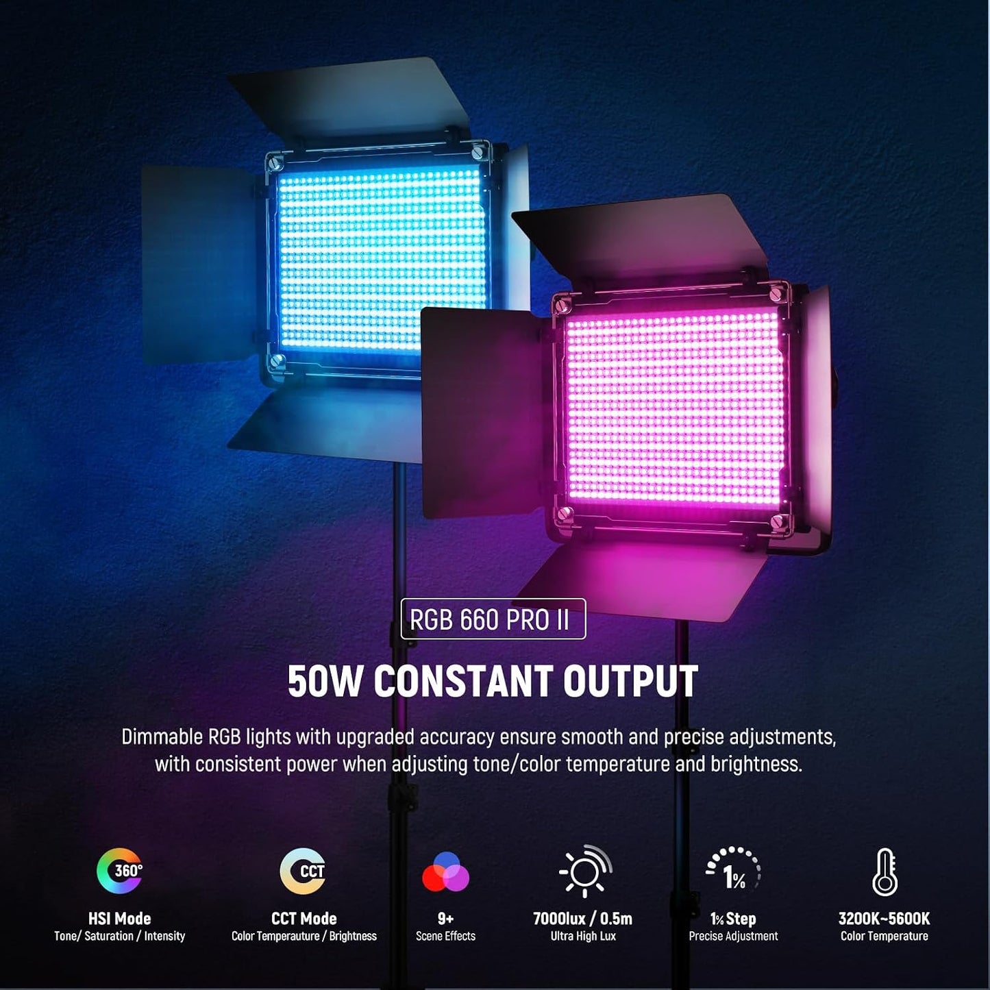 Luz LED RGB estudio 50W 7000Lx CRI97 con trípode y app