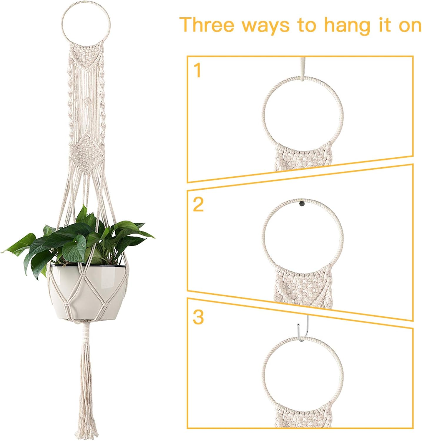 Colgador plantas macramé cesta 43.3pulg color crema