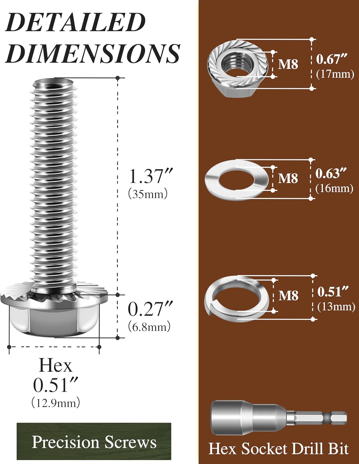 Set 10 Pzas Perno M8 Acero Inox 304 Hex con Brida
