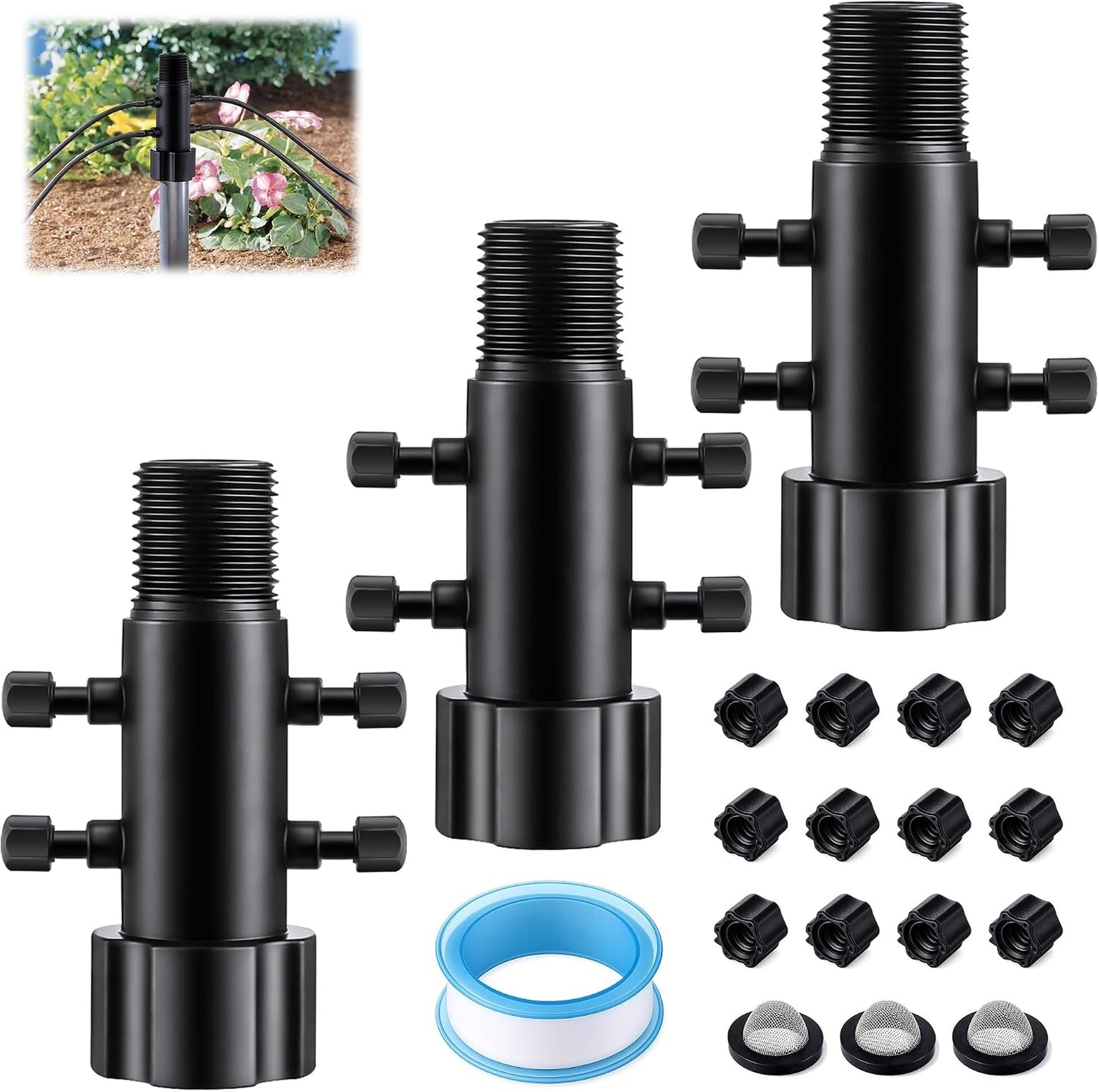 Pack 3 colectores riego goteo 4 puertos filtro rosca 1/2x1