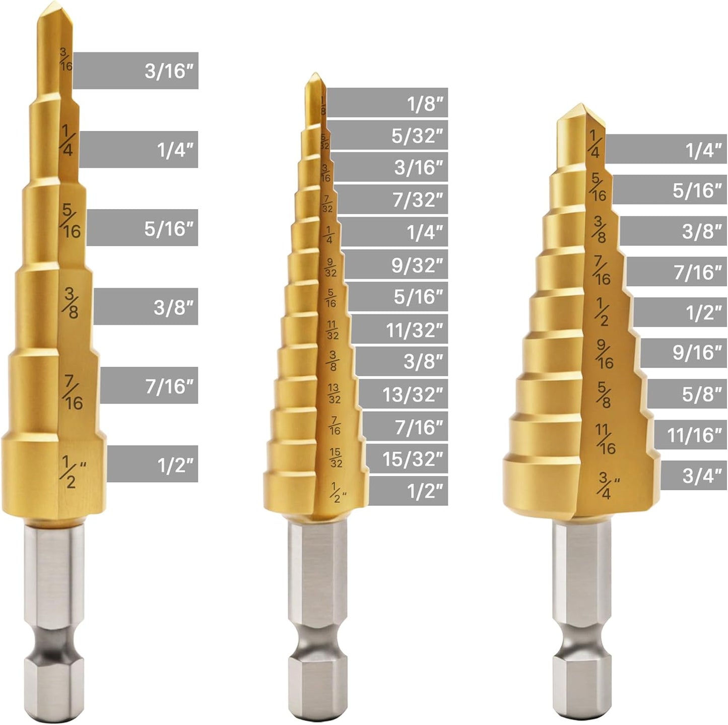 Set 3 Brocas Escalonadas HSS Titanio 1/4pulg