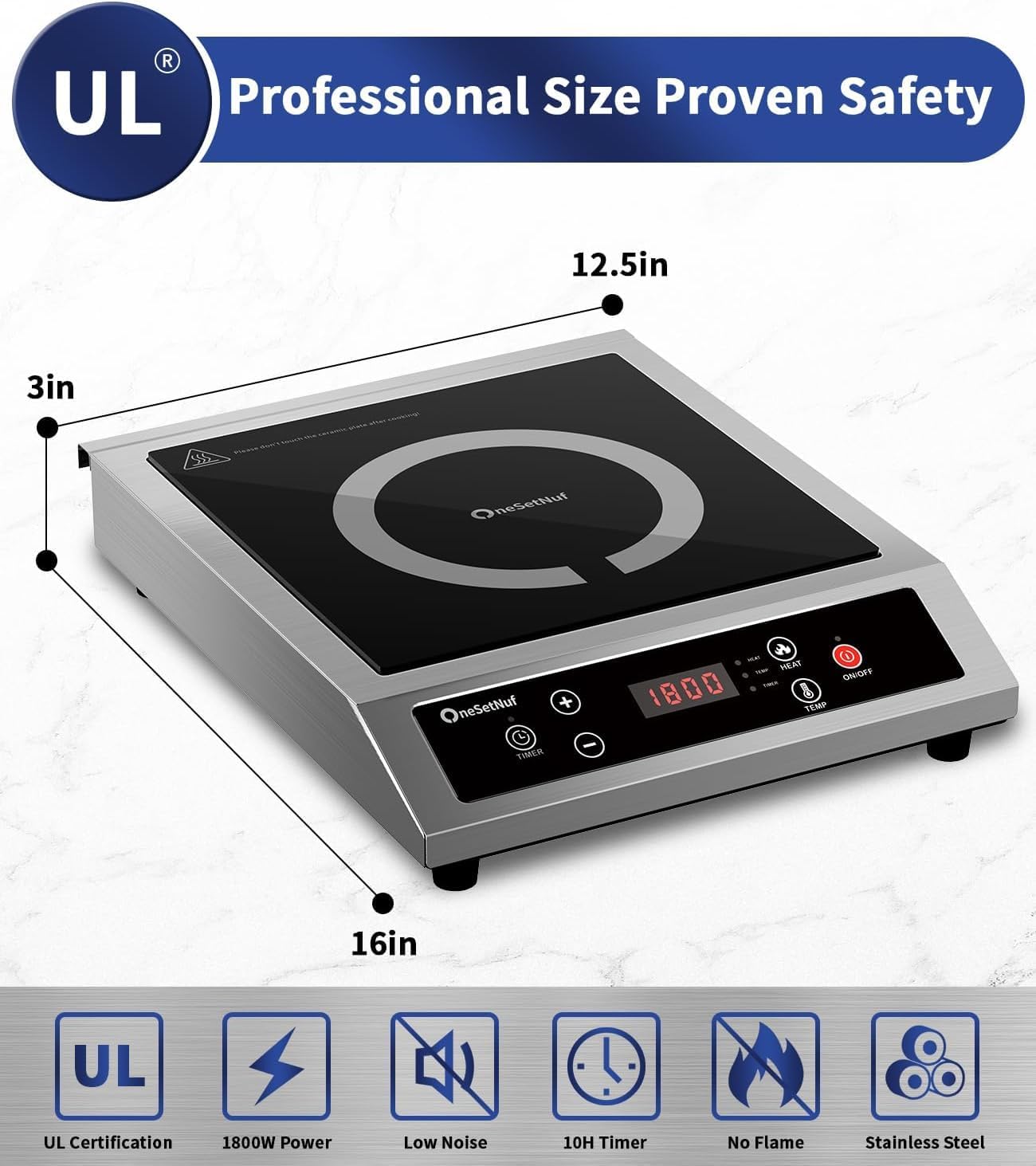 Placa inducción acero inox 1800W control temperatura certificado UL