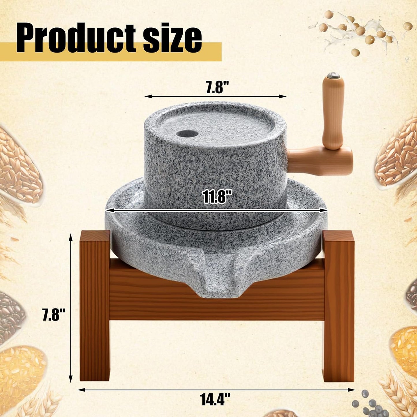 Molinillo piedra natural con base madera trigo granos sésamo