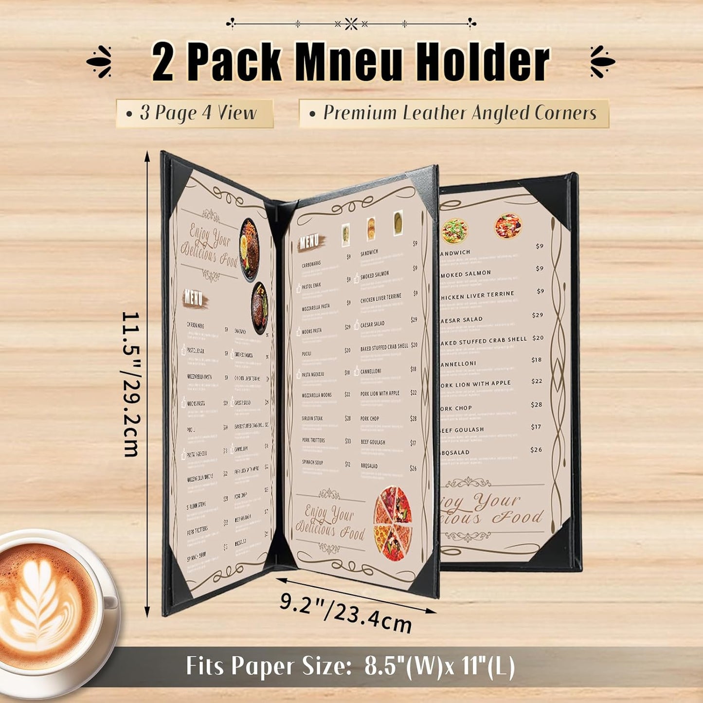 Pack 12 Fundas Menú Cuero Sintético Negro 8.5x11pulg