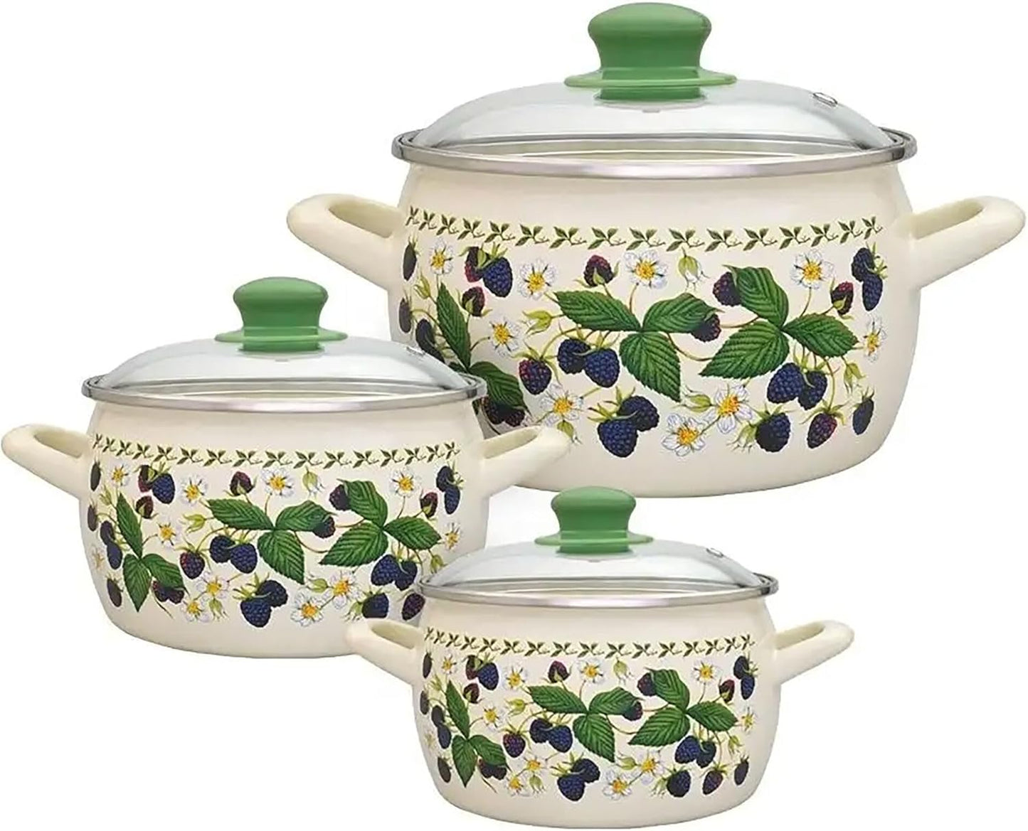 Jgo 3 cazuelas esmaltadas con tapas vidrio 2.2-5.3L