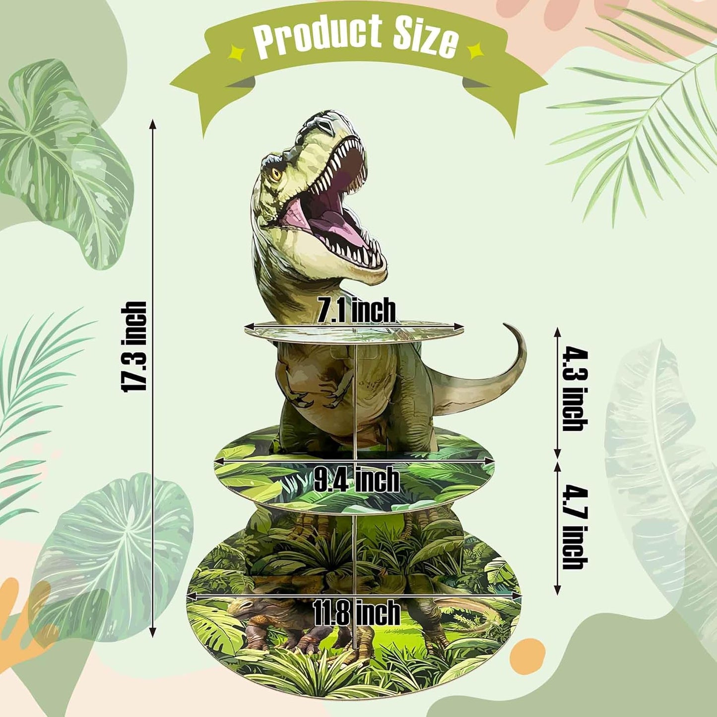 Soporte realista para cupcakes de dinosaurio 3 niveles con 48 adornos