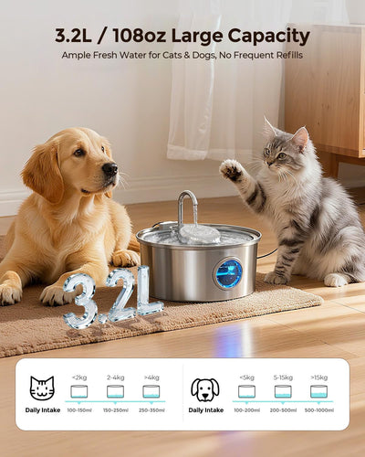 Fuente agua gatos acero inox 3.2L ventana dispensador automático