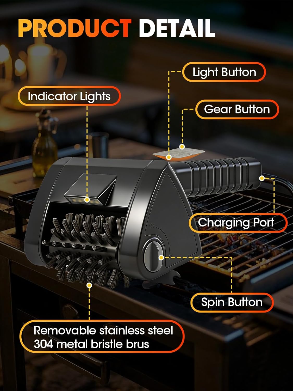 Cepillo eléctrico parrilla recargable 2 velocidades acero inox