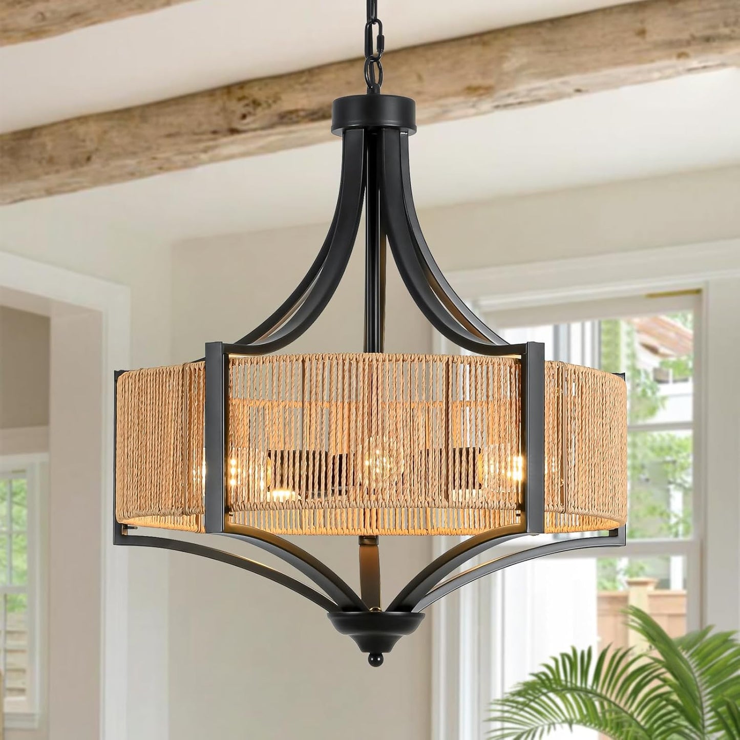 Lámpara colgante ratán 20pulg 5 luces pantalla tejida sala comedor