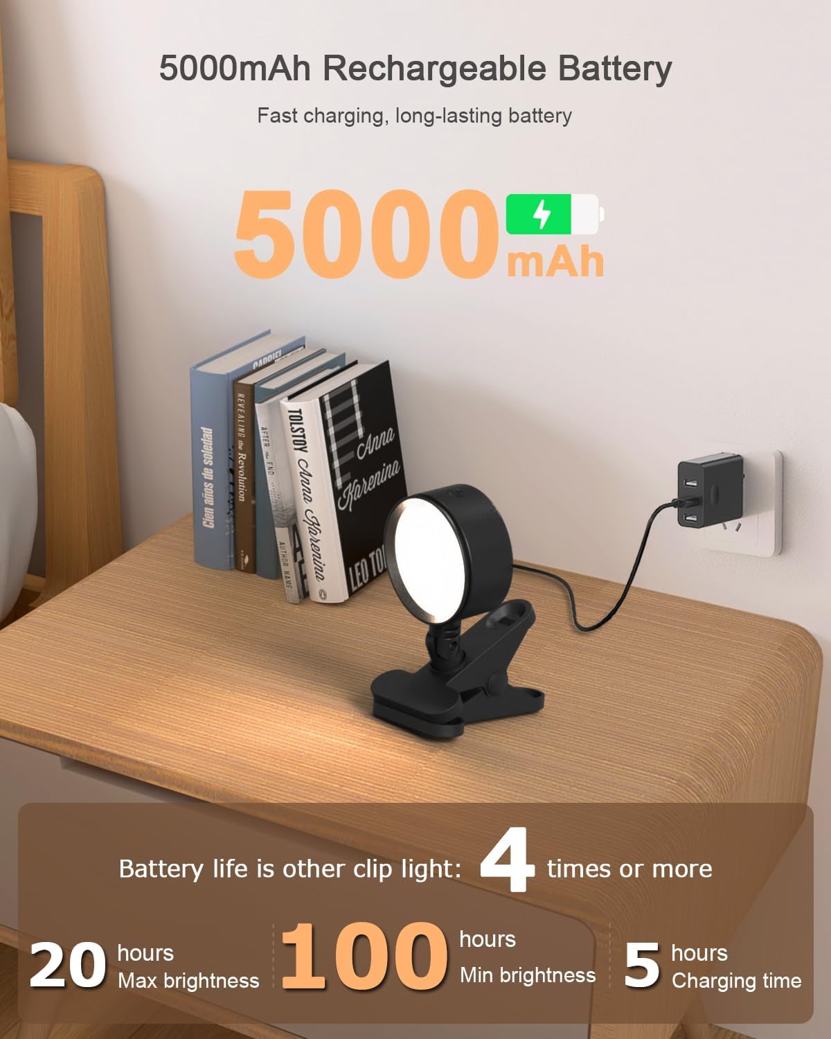 Luz de clip recargable 5000mAh con control táctil y remoto 3 modos