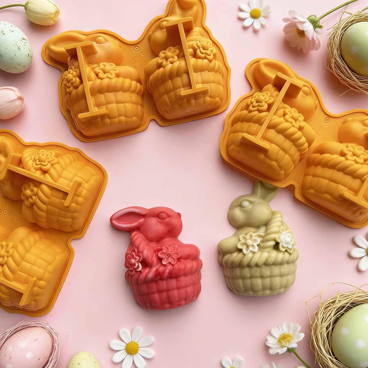 Paquete de 3 moldes de silicona para chocolate de conejo de Pascua y cupcakes