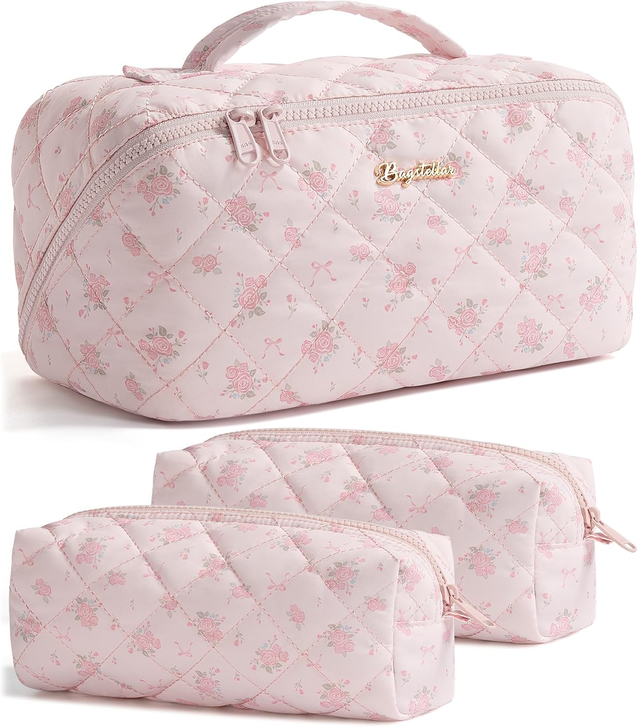 Bolsa maquillaje viaje 3 pzas L rosa con divisor transparente