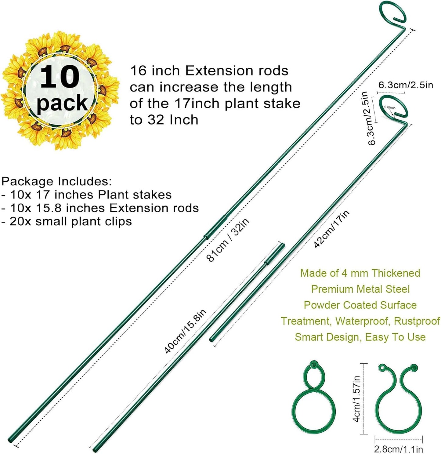 Pack 10 estacas ajustables 17-32pulg metal anillos jaula