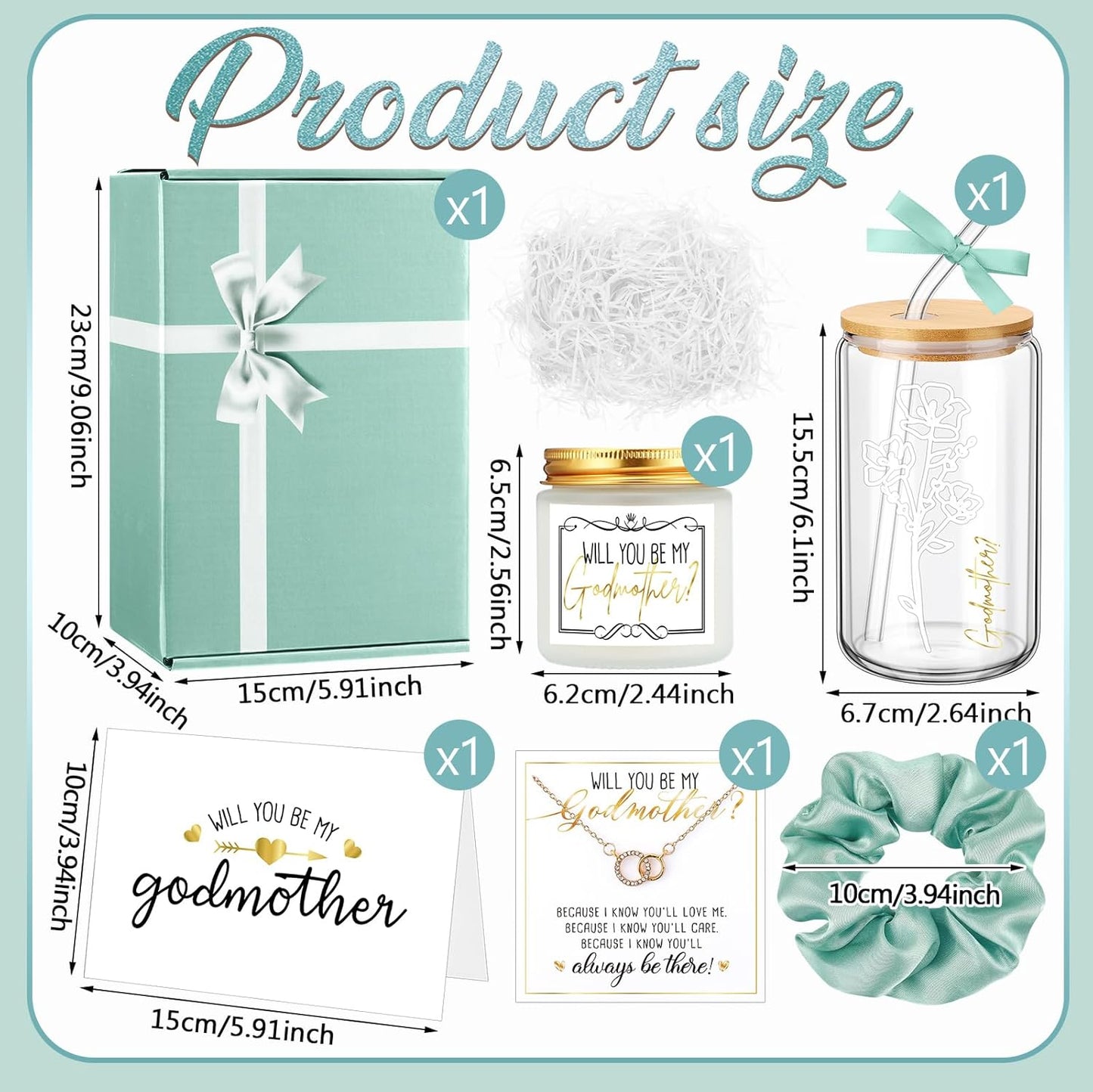 Juego de 6 piezas regalo madrina caja Will You Be My Godmother taza vidrio collar vela bautizo