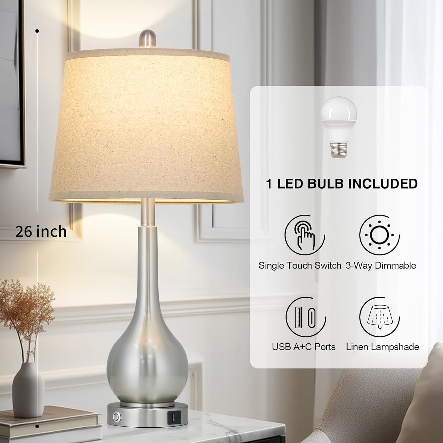 Lámpara mesa plateada 26pulg control táctil USB