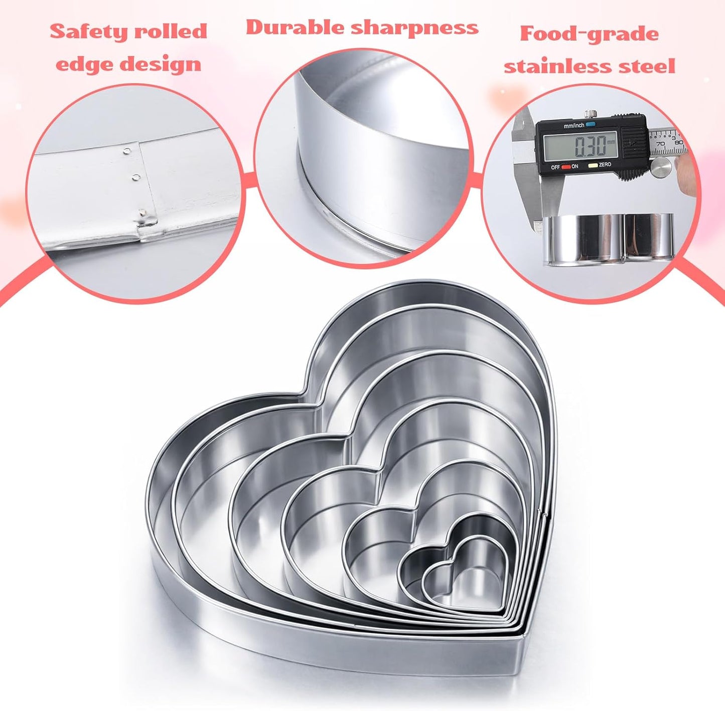 7 Moldes Fondant Acero Inox Corazón para Hornear