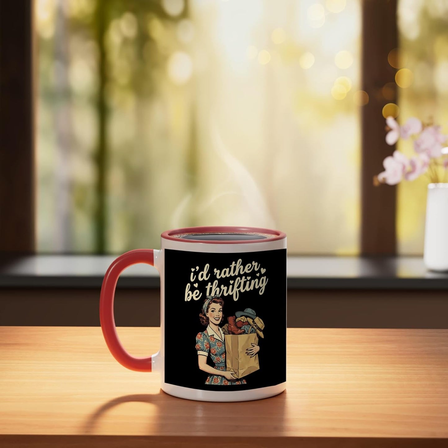 Taza de cerámica retro mujer vintage con texto en inglés rojo y blanco